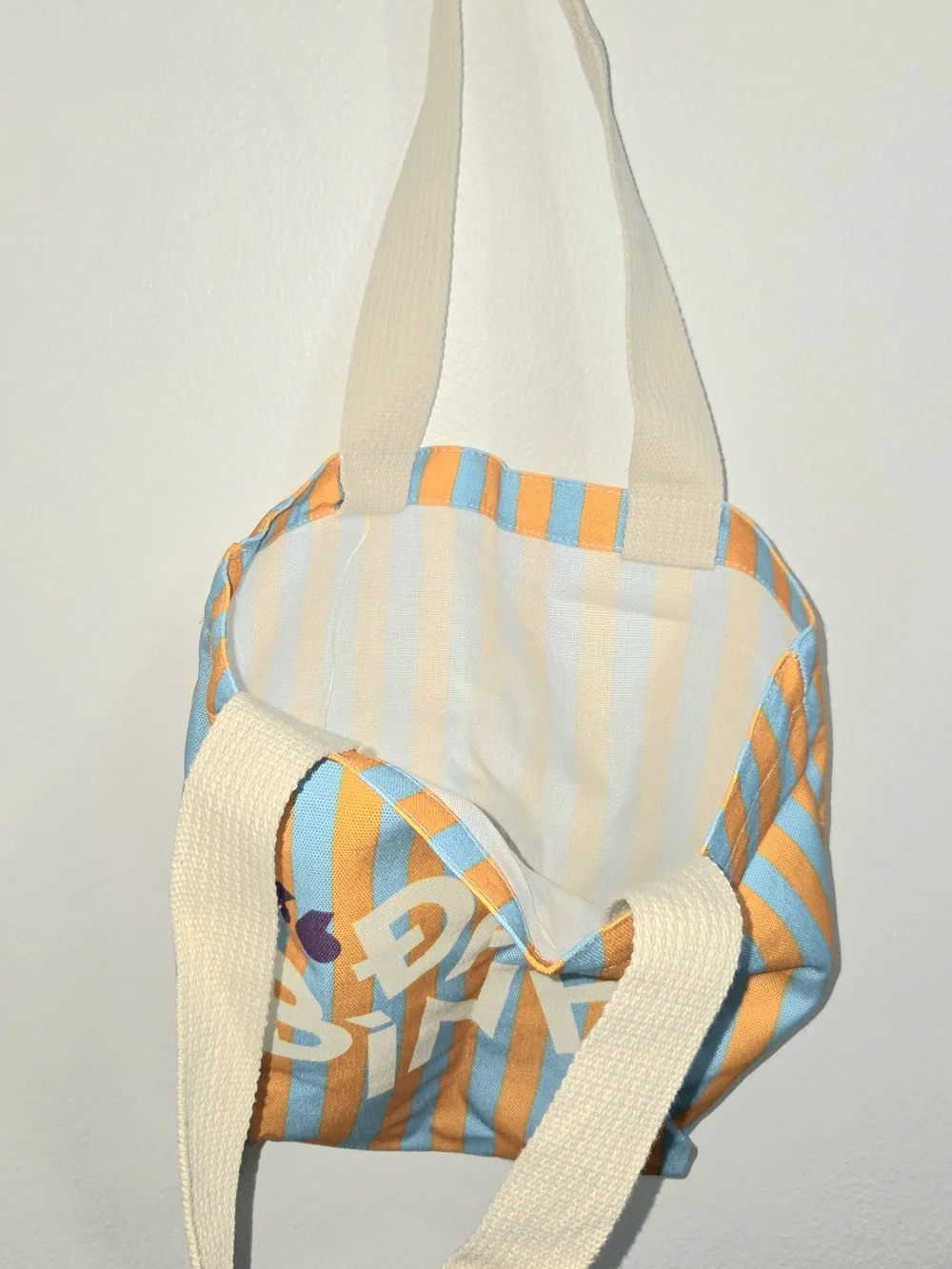Striped Orange and Light Blue Canvas Tote with Cream Straps